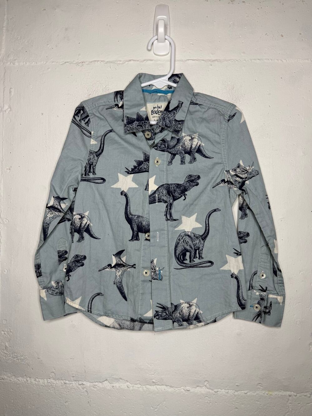 Mini Boden Button Down Shirt Boys 3-4Y Dinosaurs and Stars Blue Long Sleeve